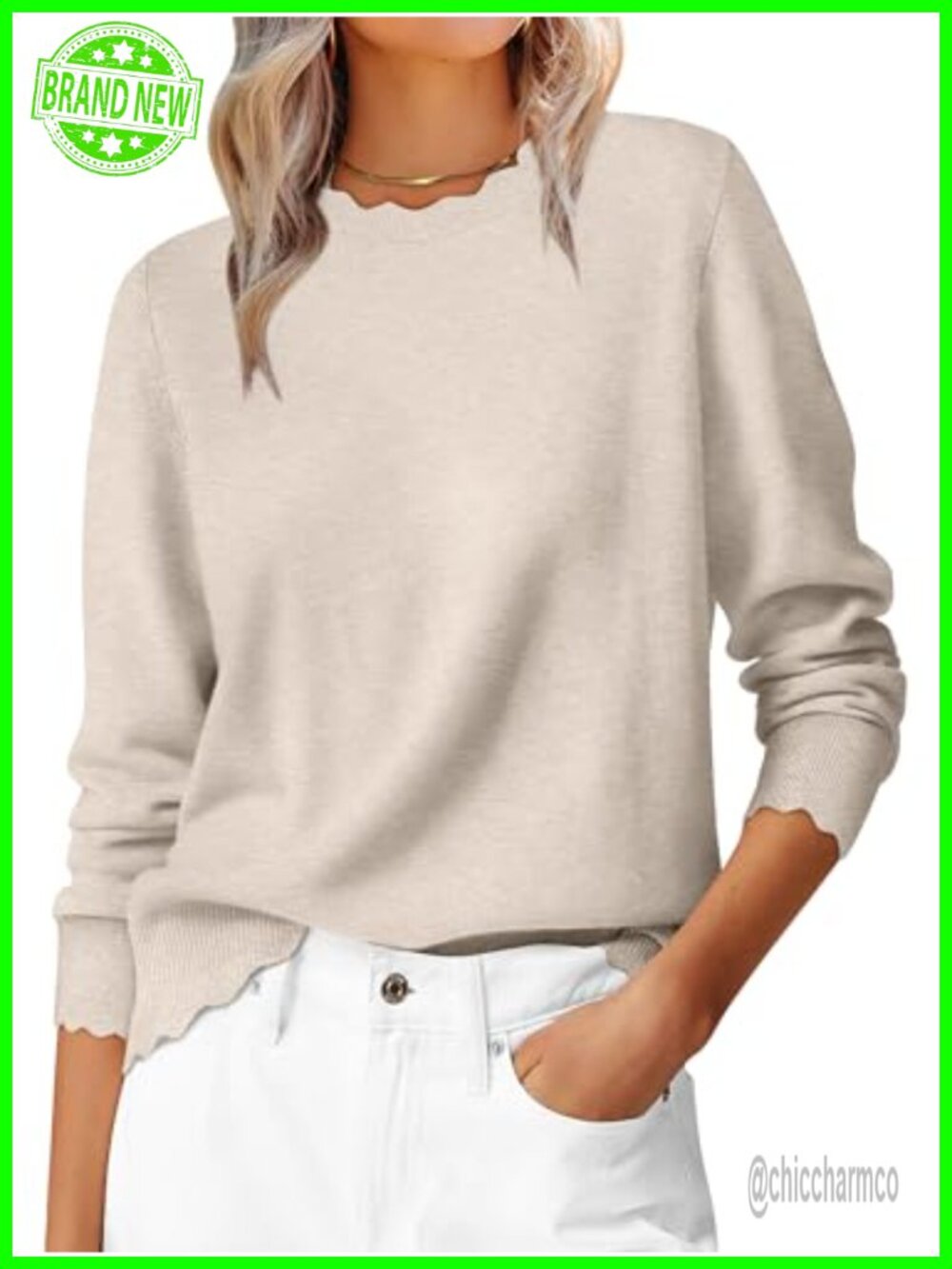Lightweight Loose Fit Knit Pullover Sweater Crew Neck Scallop Edge Long Blouson